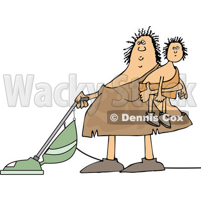 Clipart of a Cartoon Chubby Cavewoman Holding Her Son and Vacuuming - Royalty Free Vector Illustration © djart #1305938