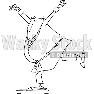 Lineart Clipart of a Cartoon Black and White Chubby Man in a Robe and Pjs, Balancing on a Scale - Royalty Free Outline Vector Illustration © djart #1307137