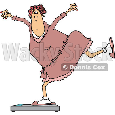Clipart of a Cartoon Chubby White Woman in a Robe and Pjs, Balancing on a Scale - Royalty Free Vector Illustration © djart #1307138