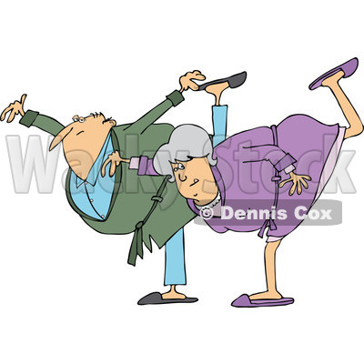 Clipart of a Cartoon Chubby Senior Couple in Robes, Balancing on One Foot - Royalty Free Vector Illustration © djart #1311957