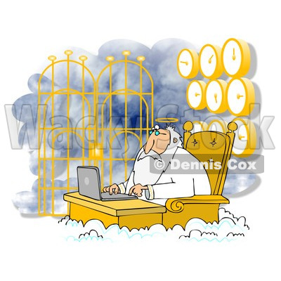 Clipart of Jesus Working on a Laptop at Heavens Gates, with Clocks Behind Him - Royalty Free Illustration © djart #1311962