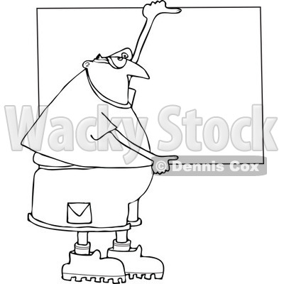 Lineart Clipart of a Cartoon Black and White Chubby Man Wearing Safety Goggles and Holding up a Blank Sign - Royalty Free Outline Vector Illustration © djart #1312469