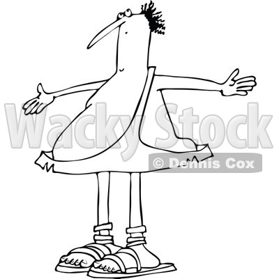 Lineart Clipart of a Cartoon Black and White Chubby Caveman Looking up and Gesturing Why Me - Royalty Free Outline Vector Illustration © djart #1312547