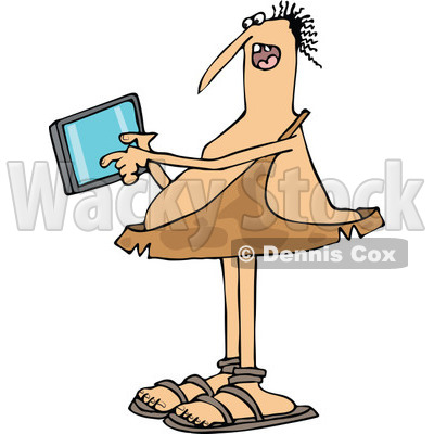 Clipart of a Cartoon Chubby Caveman Holding and Using a Tablet Computer - Royalty Free Vector Illustration © djart #1315993