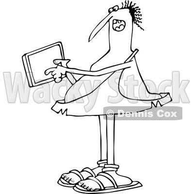 Outline Clipart of a Cartoon Black and White Chubby Caveman Holding and Using a Tablet Computer - Royalty Free Lineart Vector Illustration © djart #1315994