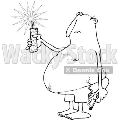 Outline Clipart of a Cartoon Black and White Fat Man in Swim Shorts, Holding a Firecracker and Match - Royalty Free Lineart Vector Illustration © djart #1316943