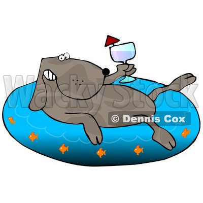 Happy Dog Drinking Wine and Soaking in an Inflatable Kiddie Pool Clipart Illustration © djart #13229