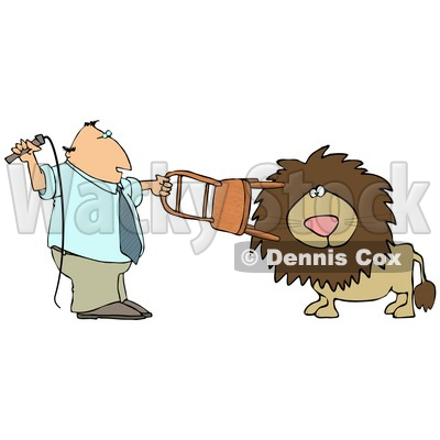 Male Lion Tamer Holding a Chair and Whip While Training the Cat Clipart Illustration © djart #13252