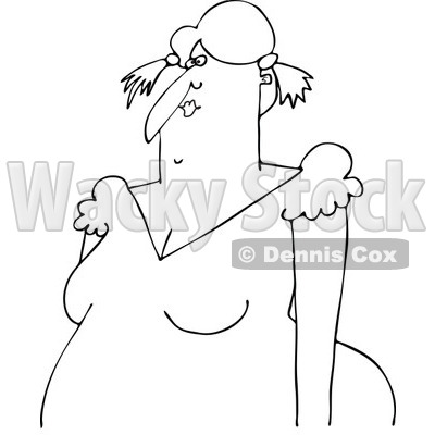 Lineart Clipart of a Cartoon Black and White Chubby Country Woman with Pigtails - Royalty Free Outline Vector Illustration © djart #1331838