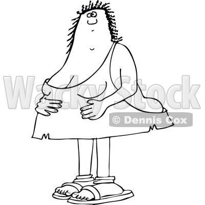 Lineart Clipart of a Cartoon Black and White Chubby Cave Woman Holding Her Stomach - Royalty Free Outline Vector Illustration © djart #1337896