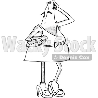 Lineart Clipart of a Cartoon Black and White Hairy Man in Heels and a Dress - Royalty Free Outline Vector Illustration © djart #1340959