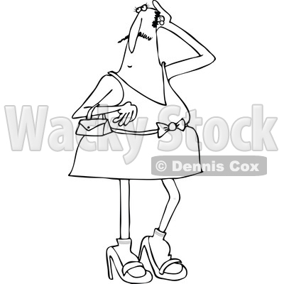 Lineart Clipart of a Cartoon Black and White Man in Heels and a Dress - Royalty Free Outline Vector Illustration © djart #1340960