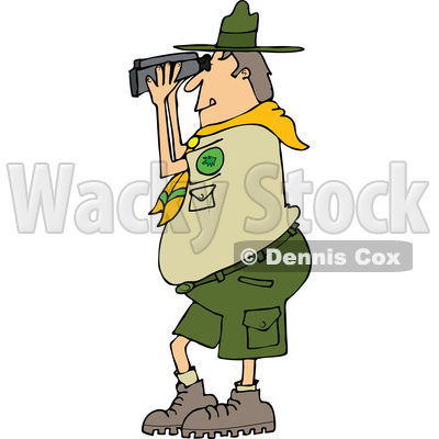 Clipart of a Cartoon Caucasian Scout Man Facing Left and Looking Through Binoculars - Royalty Free Vector Illustration © djart #1340964