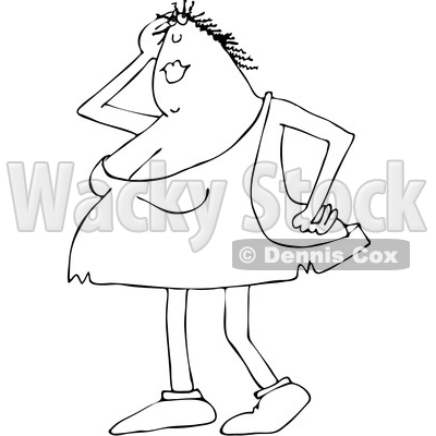 Lineart Clipart of a Cartoon Black and White Chubby Cave Woman Posing and Flirting - Royalty Free Outline Vector Illustration © djart #1341366