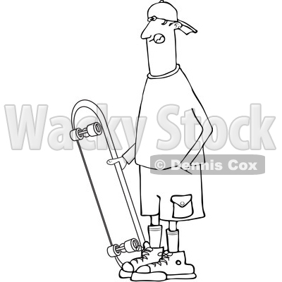 Lineart Clipart of a Cartoon Black and White Man Standing with a Skateboard - Royalty Free Outline Vector Illustration © djart #1342245