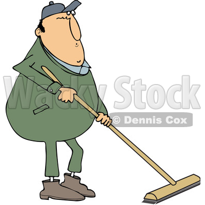 Clipart of a Cartoon Chubby Caucasian Worker Man Using a Push Broom -  Royalty Free Vector Illustration