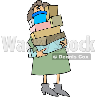 Clipart of a Cartoon Chubby White Woman Carrying a Lot of Boxes - Royalty Free Vector Illustration © djart #1344211