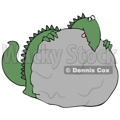Big Green Dino Hiding Behind a Rock During a Game of Hide and Seek Clipart Illustration © djart #13462