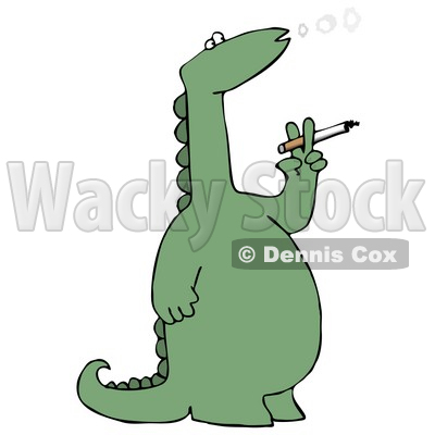 Rebellious Green Dino Standing on its Hind Legs and Blowing Out Circles of Smoke While Smoking a Cigarette Clipart Illustration © djart #13464
