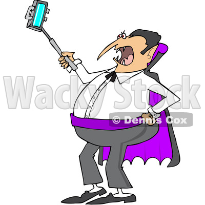 Clipart of a Cartoon Chubby Halloween Dracula Vampire Taking a Selfie with a Cell Phone - Royalty Free Vector Illustration © djart #1347285