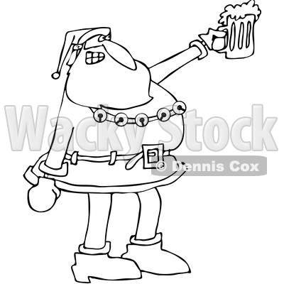 Outline Clipart of a Cartoon Black and White Christmas Santa Claus Cheering and Holding up a Beer Mug - Royalty Free Lineart Vector Illustration © djart #1347291
