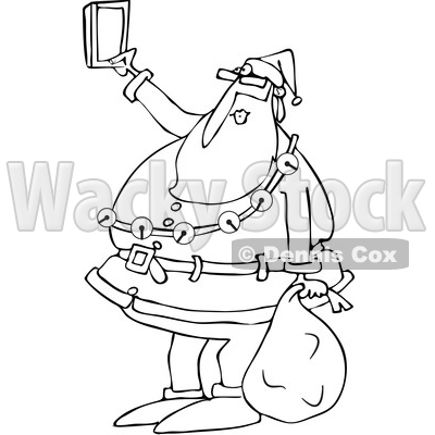 Outline Clipart of a Cartoon Black and White Christmas Santa Claus Taking a Selfie with a Cell Phone - Royalty Free Lineart Vector Illustration © djart #1347292