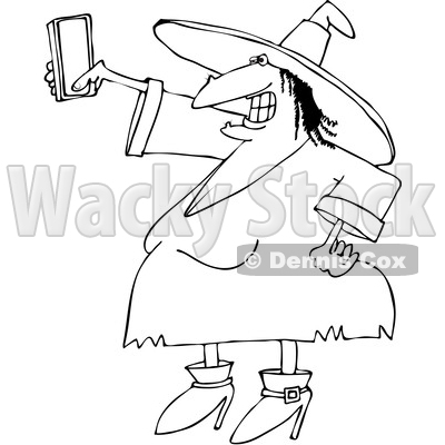 Outline Clipart of a Cartoon Black and White Chubby Halloween Witch Taking a Selfie with a Cell Phone - Royalty Free Lineart Vector Illustration © djart #1347293