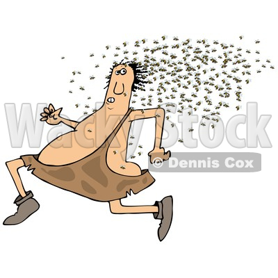 Clipart of a Cartoon Chubby Caveman Running from a Swarm of Bees - Royalty Free Illustration © djart #1349224