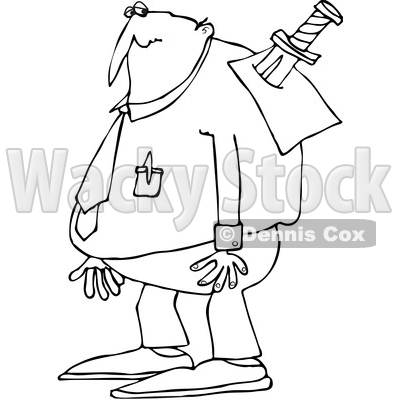 Outline Clipart of a Cartoon Black and White Chubby Businessman with a Knife in His Back - Royalty Free Lineart Vector Illustration © djart #1349503