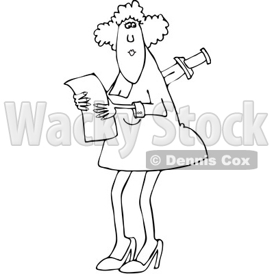 Outline Clipart of a Cartoon Black and White Business Woman with a Knife in Her Back - Royalty Free Lineart Vector Illustration © djart #1349505