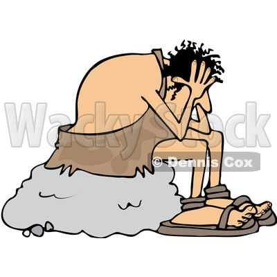 Clipart of a Cartoon Stressed Caveman Sitting on a Boulder and Resting His Head in His Hands - Royalty Free Vector Illustration © djart #1352143