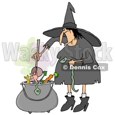 Clipart of a Cartoon Halloween Witch Adding a Snake into Her Brew - Royalty Free Illustration © djart #1355260