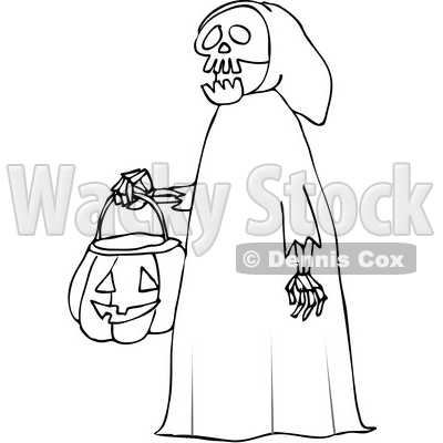 Outline Clipart of a Cartoon Black and White Halloween Skeleton Wearing a Hood and Carrying a Pumpkin Basket - Royalty Free Lineart Vector Illustration © djart #1355266