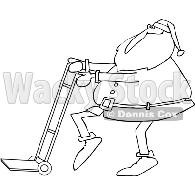 Outline Clipart of a Cartoon Black and White Christmas Santa Claus Pushing a Hand Truck Dolly - Royalty Free Lineart Vector Illustration © djart #1355269