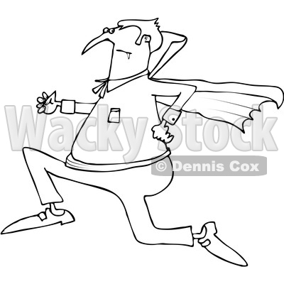 Outline Clipart of a Cartoon Black and White Chubby Halloween Dracula Vampire Running - Royalty Free Lineart Vector Illustration © djart #1355583