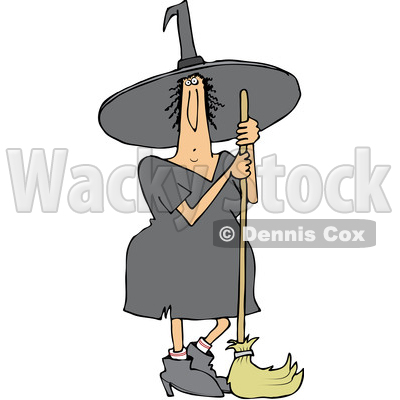Clipart of a Cartoon Chubby Halloween Witch Standing with a Broom - Royalty Free Vector Illustration © djart #1355584