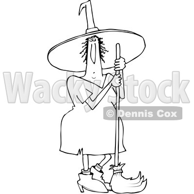 Outline Clipart of a Cartoon Black and White Chubby Halloween Witch Standing with a Broom - Royalty Free Lineart Vector Illustration © djart #1355585