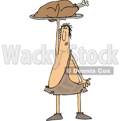 Clipart of a Cartoon Caveman Holding up a Roasted Turkey on a Platter - Royalty Free Vector Illustration © djart #1356456
