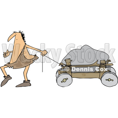 Clipart of a Cartoon Caveman Pulling a Boulder on a Cart - Royalty Free Vector Illustration © djart #1356458