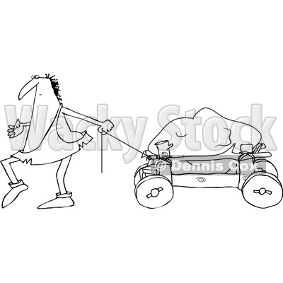 Outline Clipart of a Cartoon Black and White Caveman Pulling a Boulder on a Cart - Royalty Free Lineart Vector Illustration © djart #1356459