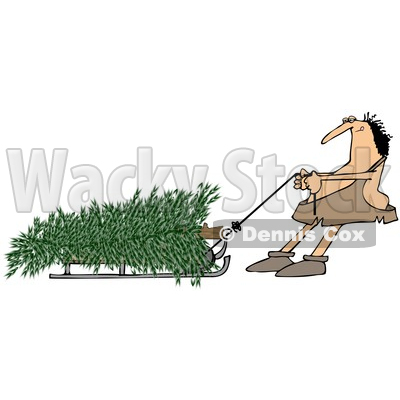 Clipart of a Cartoon Caveman Pulling a Christmas Tree on a Sled - Royalty Free Illustration © djart #1356460