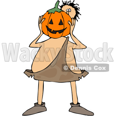 Clipart of a Cartoon Caveman Holding a Halloween Jackolantern Pumpkin in Front of His Face - Royalty Free Vector Illustration © djart #1356757