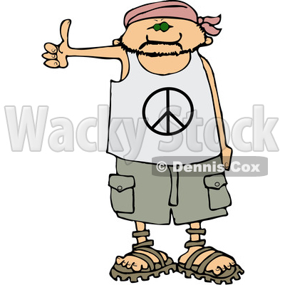 Clipart of a Cartoon Caucasian Male Hitchhiker Wearing a Bandana, Peace Shirt, Shorts and Sandals - Royalty Free Vector Illustration © djart #1357311
