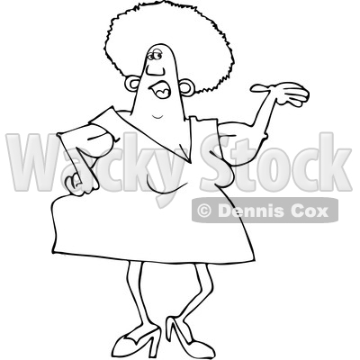 Clipart of a Cartoon Black and White Chubby Woman Presenting, with Her Arms Sagging - Royalty Free Vector Illustration © djart #1358354