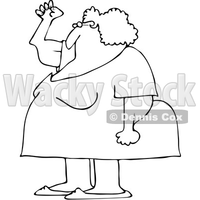 Clipart of a Cartoon Black and White Chubby Senior Woman Holding up a Fist, with Her Arms Sagging - Royalty Free Vector Illustration © djart #1358355