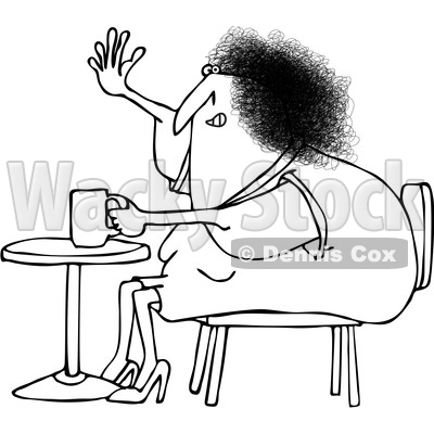 Clipart of a Cartoon Black and White Chubby Woman Sitting with Coffee at a Table and Waving - Royalty Free Vector Illustration © djart #1358356