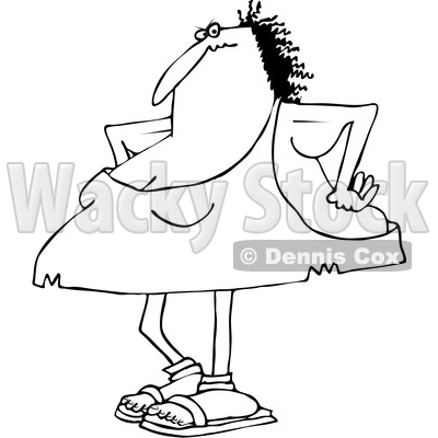 Clipart of a Cartoon Black and White Angry Chubby Cavewoman with Sagging Arms and Her Hands on Her Hips - Royalty Free Vector Illustration © djart #1358360