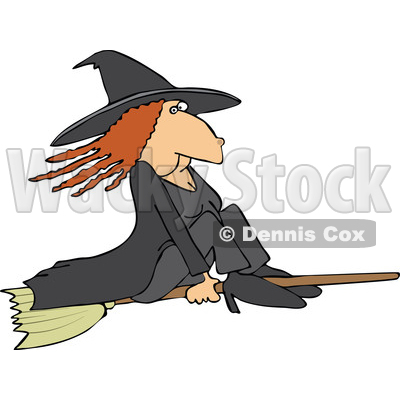 Clipart of a Red Haired Warty Witch Flying on a Broomstick - Royalty Free Vector Illustration © djart #1359739