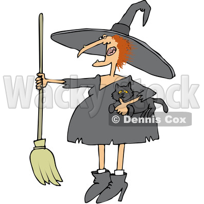 Clipart of a Cartoon Red Haired Chubby Witch Holding a Cat and a Broomstick - Royalty Free Vector Illustration © djart #1359740