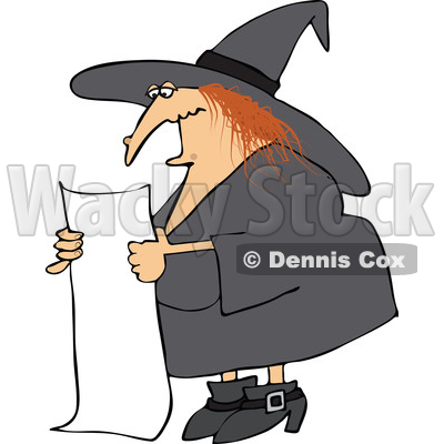 Clipart of a Cartoon Red Haired Chubby Witch Reading a Long List - Royalty Free Vector Illustration © djart #1359747